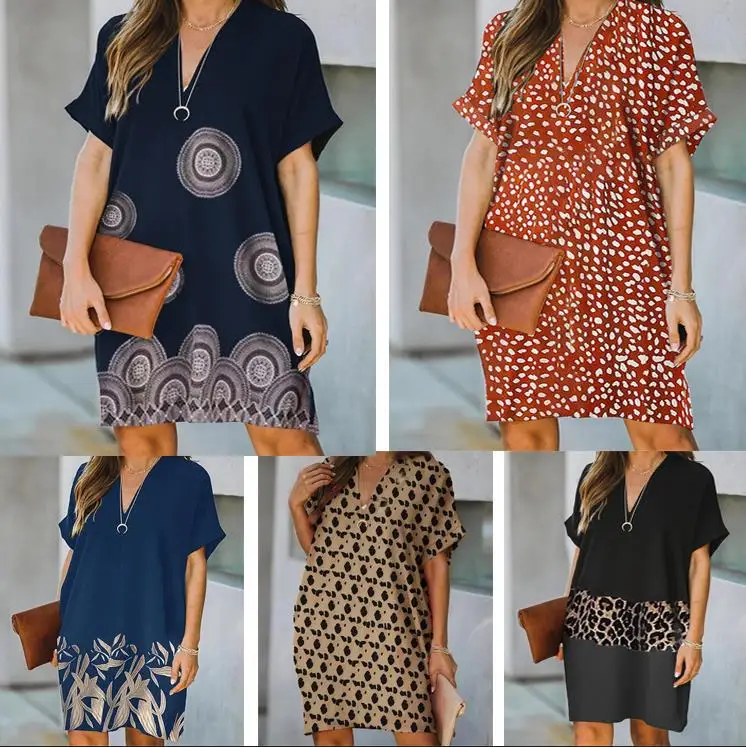 

2022 Summer Station Printed Pullover V-Neck Loose Waist Short Skirt Women's Dress