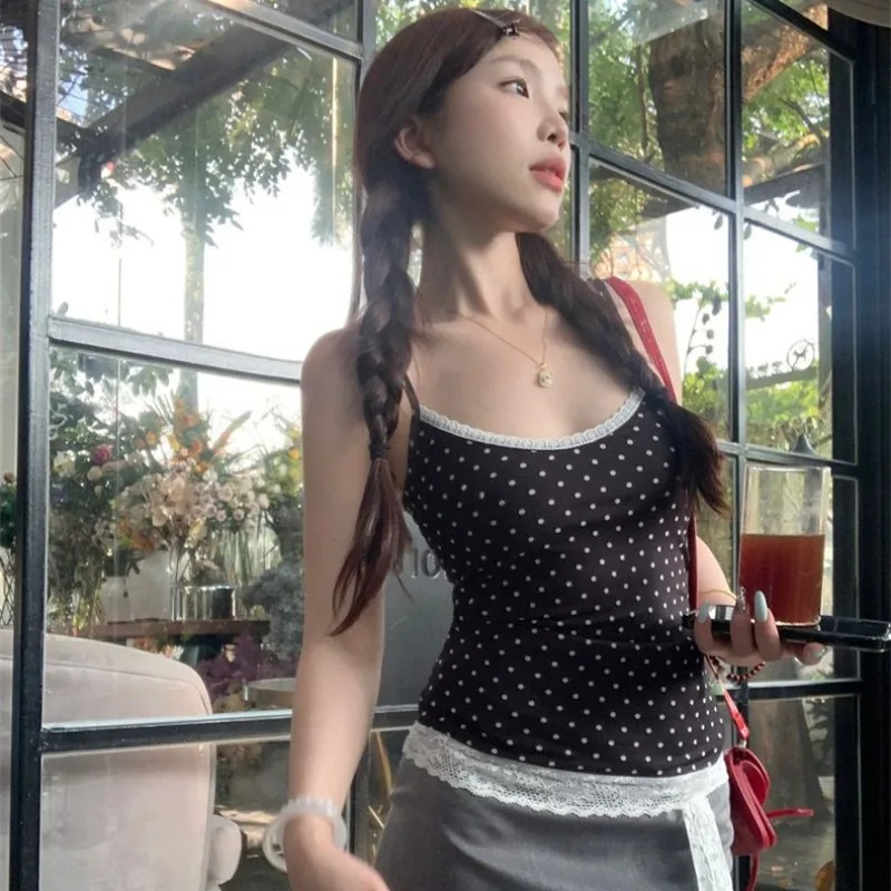 Y2k Майки Топы Женщины в горошек с принтом Кружева Лето Корейский стиль Мода
