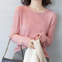womens sweater autumn winter solid color round neck knitted top loose pullover sequined fashion commuter female clothing zm539