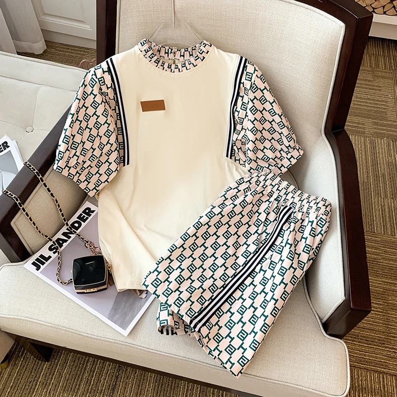 

1289 New 2023 Women's Summer Suits Patchwork Short Sleeve Shirt Print Shorts Two Piece Set Outfits Loose Korean Female Traksuit