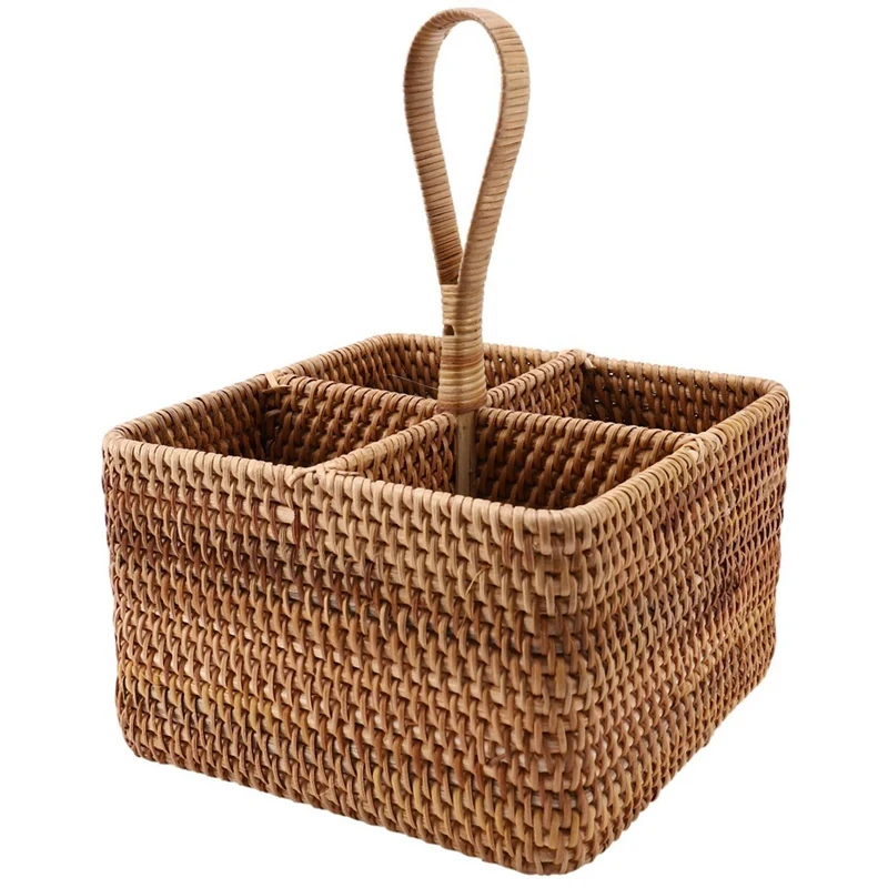

3X Hand-Woven Wicker Straw Storage Basket Portable Four Compartment Classification Storage Fruit Basket Home Storage C