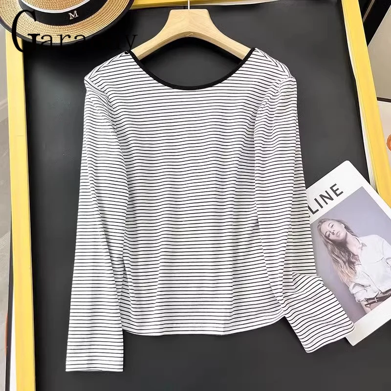 

Garaouy 2023 Summer Chic Women Boat Neck Backless Striped Long Sleeve T-shirt Female Casual Tees Slim Bottoming Shirt Tops New
