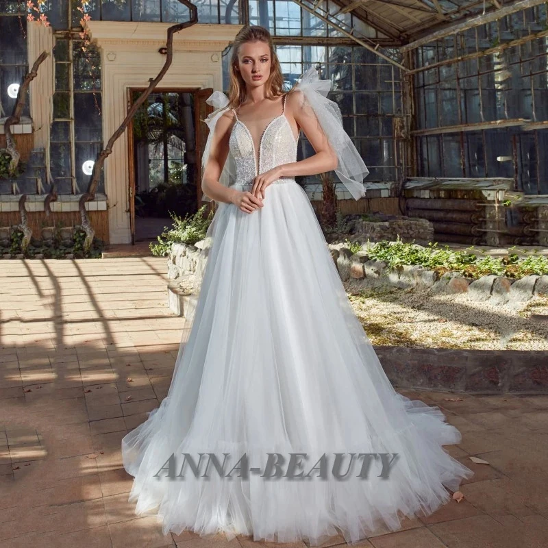 

Anna Sexy O Neck Backless Spaghetti Straps Wedding Dresses Lace Appliques A Line Tulle Vestido De Casamento Made To Order