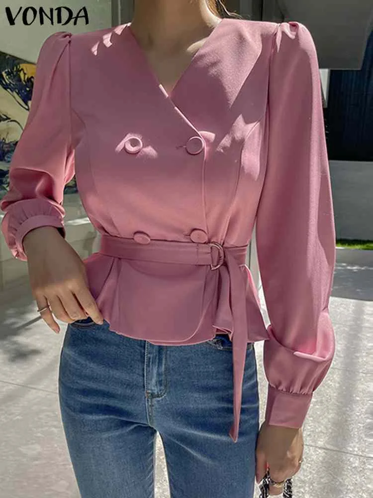 

Women Fashion Tops VONDA Summer Long Sleeve Shirts 2023 Casual Solid Color Blouse Belted Button Sexy V-Neck Party Elegant Blusas