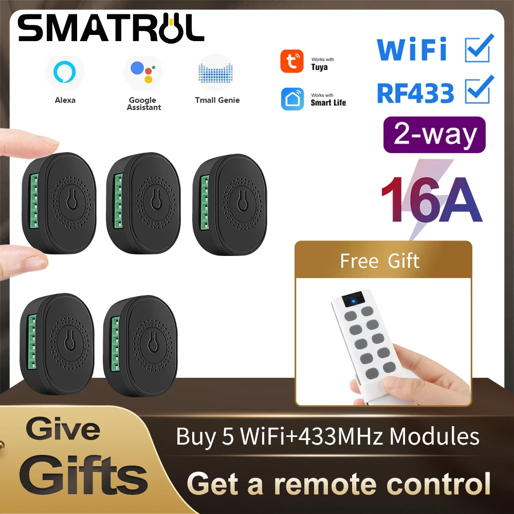 

SMATRUL Tuya 16A WiFi RF433 Smart Wireless Switch Light Mini 2 Way Module On Off Timer Breaker 110v 220v For Google Home Alexa