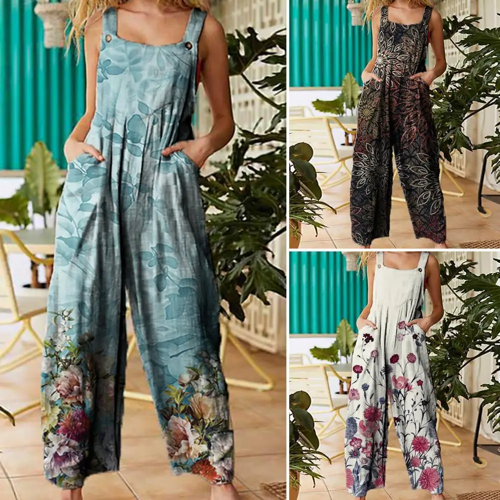 

Shoulder Straps Pockets Wide Leg Summer Jumpsuit Ethnic Style Floral Print Ladies Jumpsuit Pattern Loose Jumpsuit