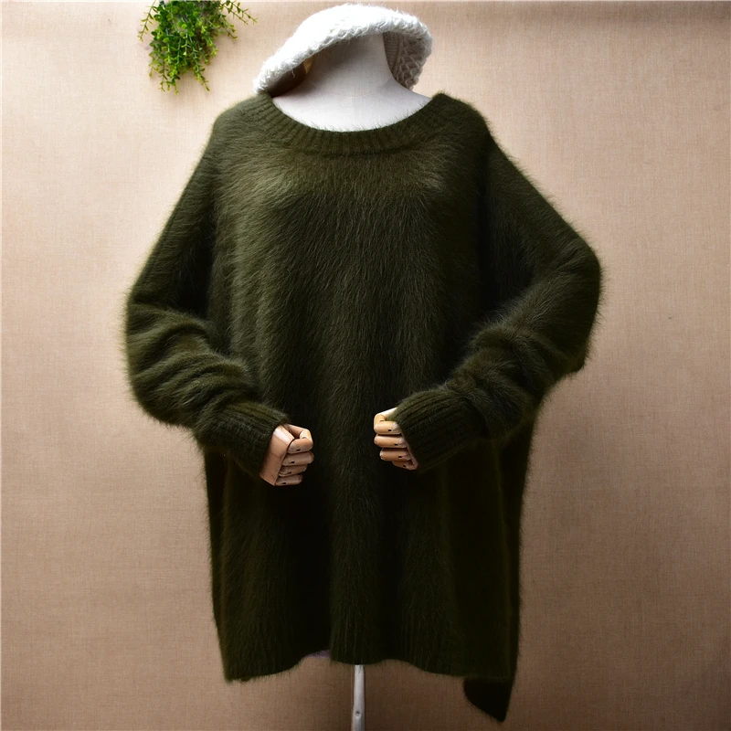 

Female Women Fall Winter Clothing Green Hairy Mink Cashmere Knitted O-Neck Long Sleeves Split Loose Pullover Lazy Oaf Sweater