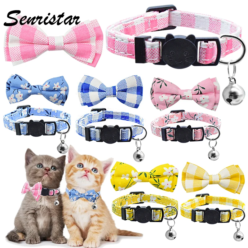 

Cute Bow Tie Cat Collar Bell Breakaway Safety Adjustable Cat Necklace Lovely Print Bow Knot Kitten Cat Collar Pet Accessories