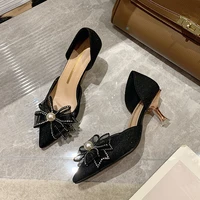 free shipping elegant pearl bow sandals pointed microfiber shoe for women 2022 flats hige heels pu leather femme mules sandalias