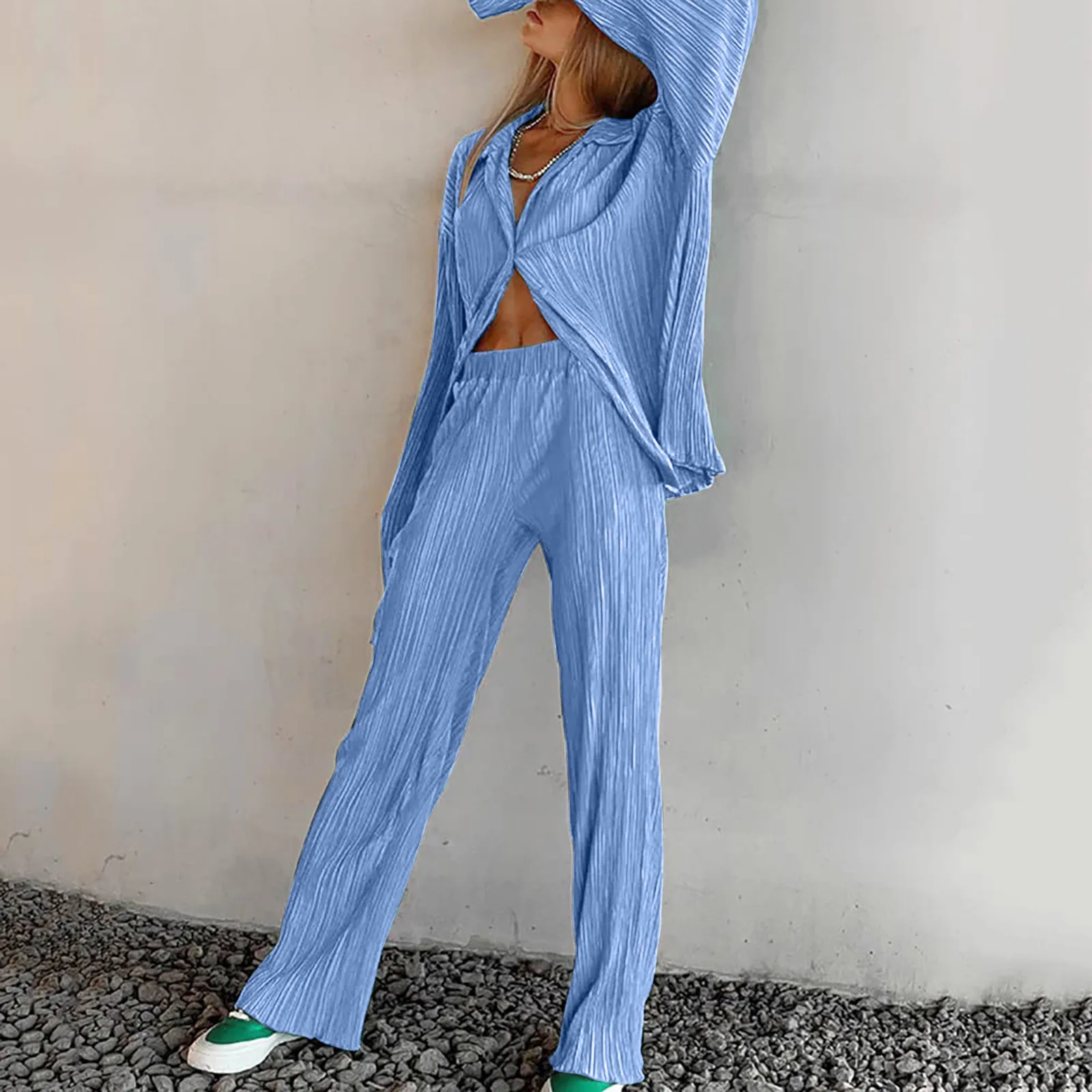 

2022 Casual Ladies Office 2 Piece Sets Summer Women Outfit Long Sleeve Lapel Shirt And Loose Pants Pink Pleated Suit Female