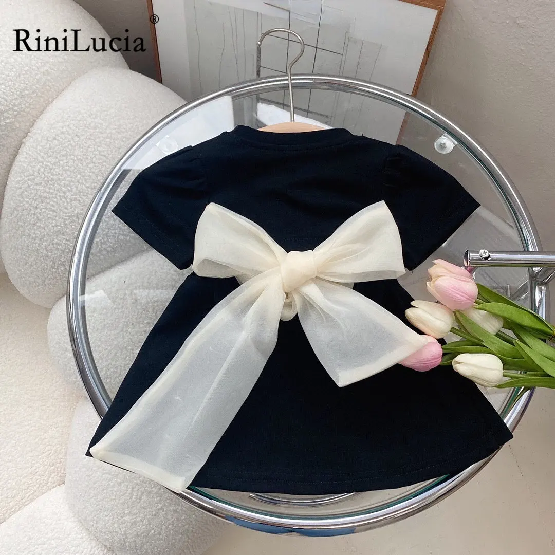 

RiniLucia 2023 Summer New Fashion Baby Girls Backless Top T-Shirt + Skirt Sets with Big Bow Tie Kids 2 Pieces Clothing Outfits