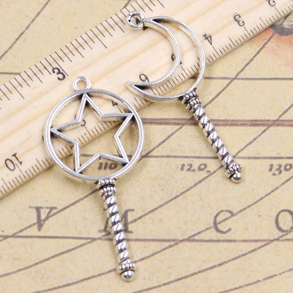 

15pcs Charms Moon Star Magic Turned Stick 53x23mm Tibetan Silver Color Pendants Antique Jewelry Making DIY Handmade Craft