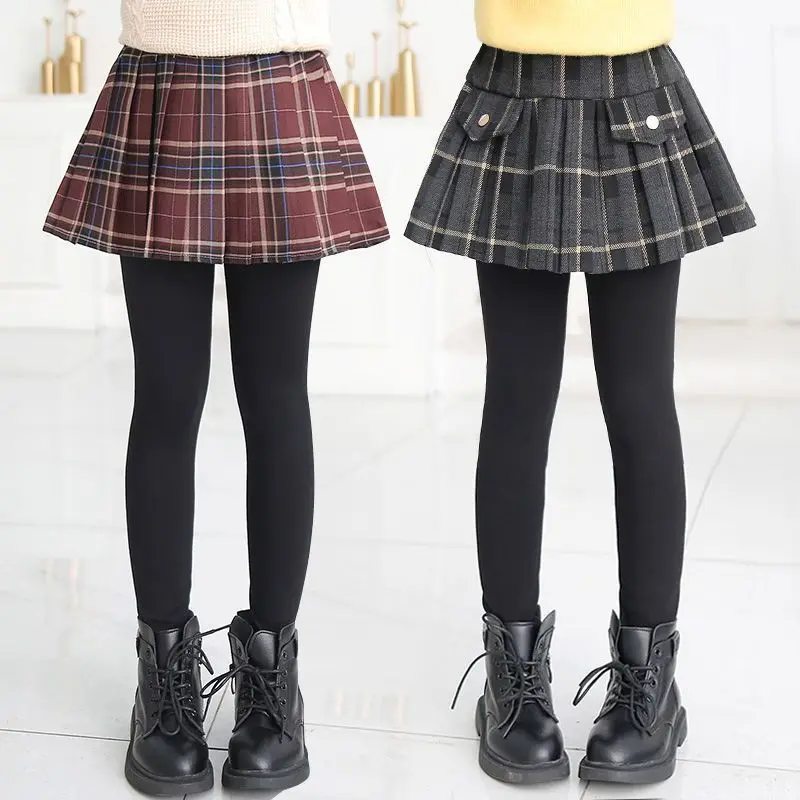 

Осенне-зимние леггинсы в клетку для девочек, юбка-брюки, юбка для девочек, детские теплые бархатные плотные брюки, детские леггинсы, C60