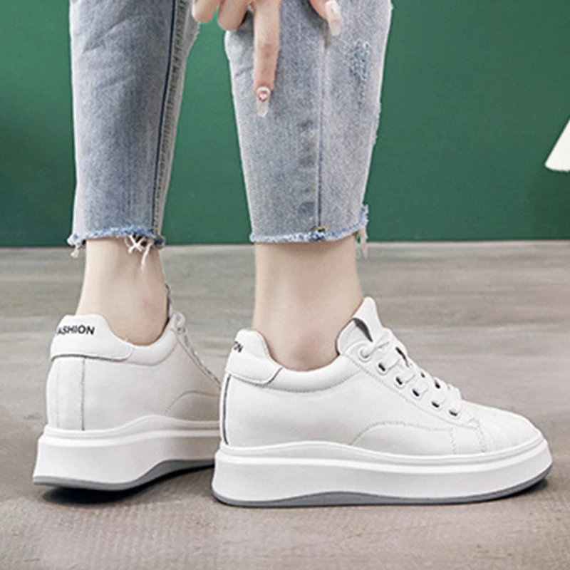 2023 Genuine Leather 8cm New Platform Chunky Sneaker Casual Hidden Heels Spring Summer Autumn Comfy Breathable High Brand Shoes