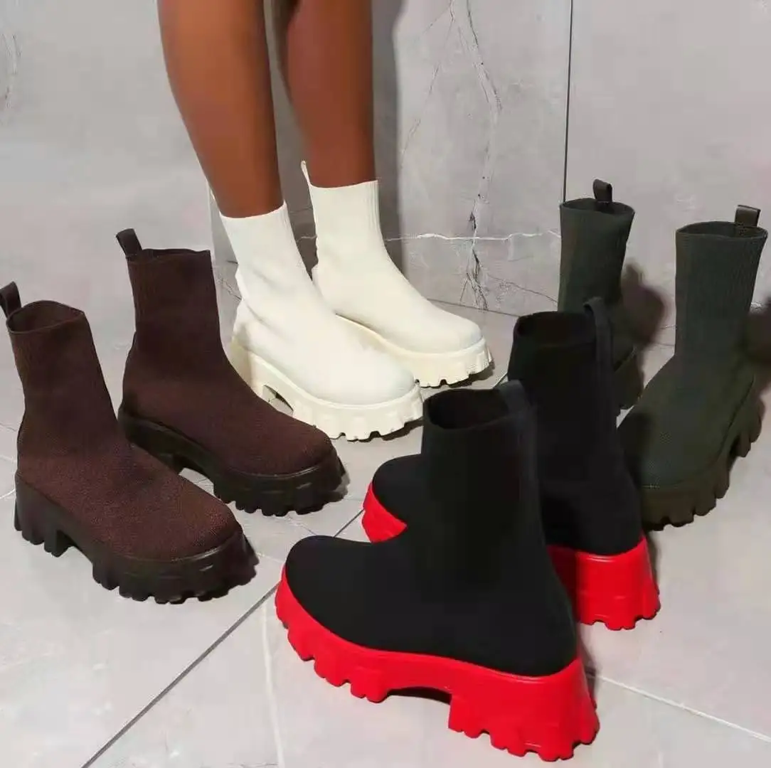 

2021 Autumn Winter New Couple Socks Shoes Women Thick-soled Casual Net Red Knitted Short Boots Women Botas De Mujer Large Size