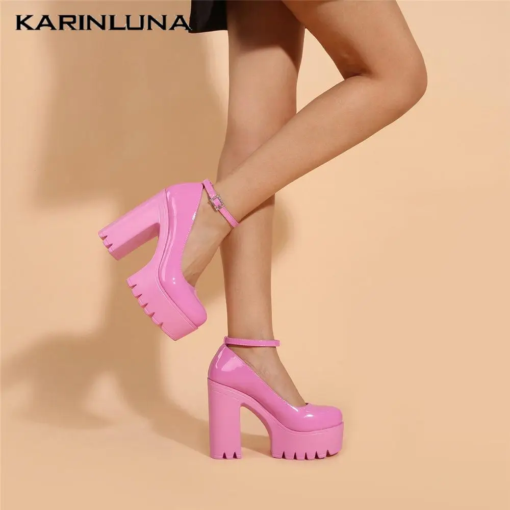 Brand Design 2023 Spring Summer Cute Sweet Pumps For Women Black Pink Ankle Strap Square High Heels Chunky Platform Shoes Comfy