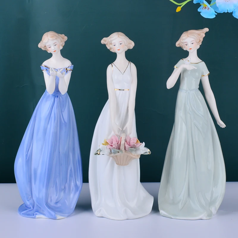 European Ceramic Beauty Figurine Home Desktop Furnishing Crafts Decoration Western Lady Girls Porcelain Handicraft Ornament Wed
