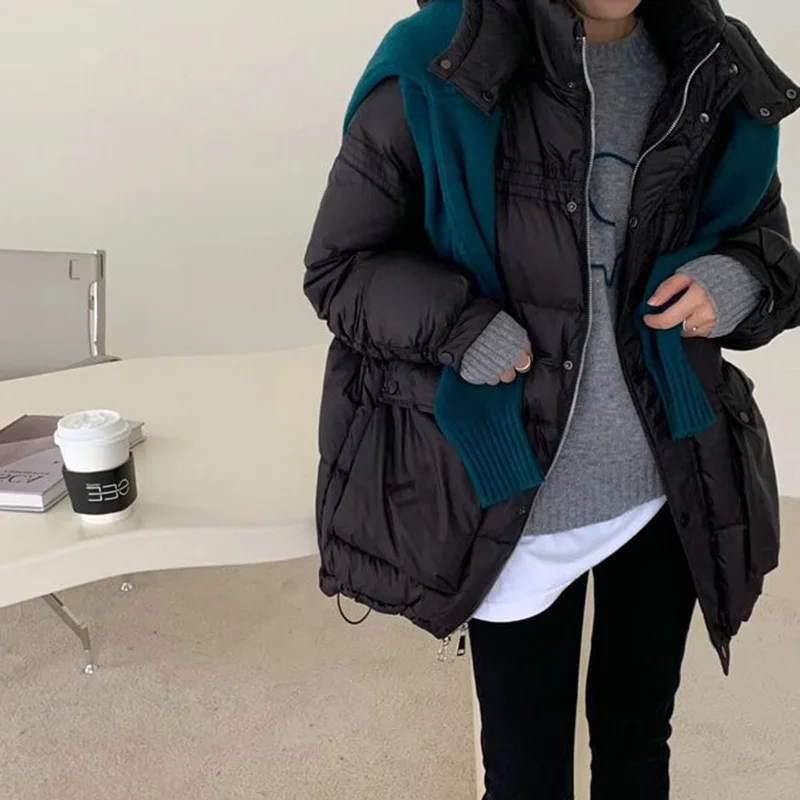 New Hooded Down Jacket Women's Medium-length Solid Colour Jacket Winter White Duck Down Sweet Thickening Warm Cotton Clothing