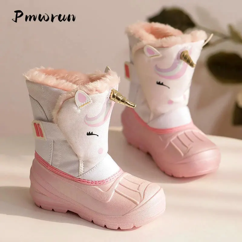 Girls Fashion Winter Warm Unicorn Snow Boots Student Waterproof Slip Resistant Children Cold Weather Outdoor Casual Shoes 2022