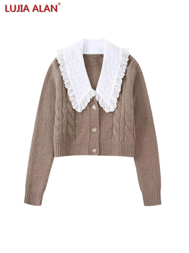 

Autumn New Women's Sailor Collar Splicing Jacquard Knitting Long Sleeve Casual Loose Short Sweater LUJIA ALAN SW1885