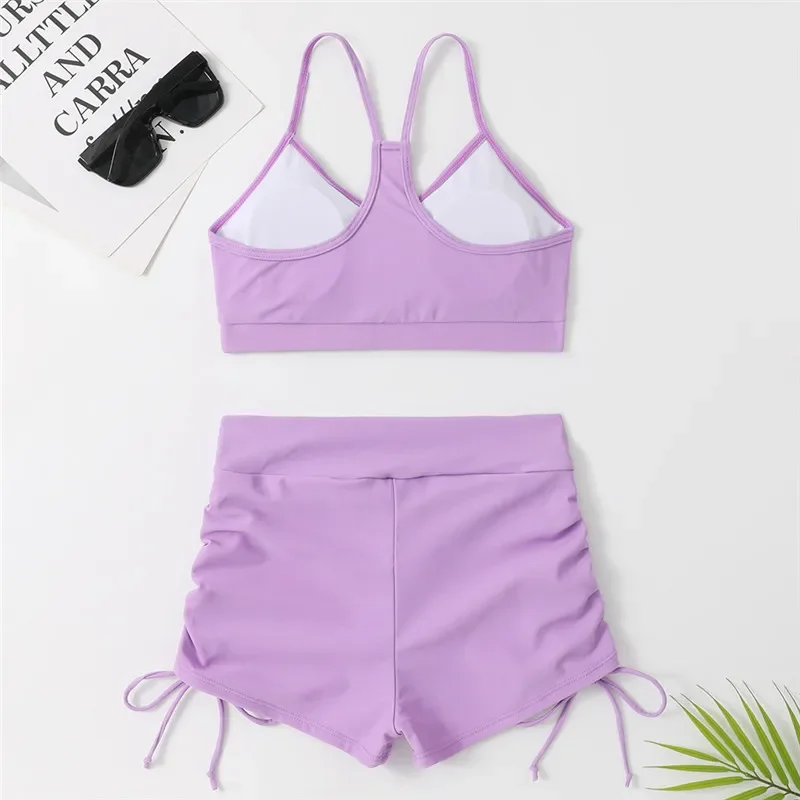 Комплект бикини с завязками купальник женские фиолетовые шорты высокой талией