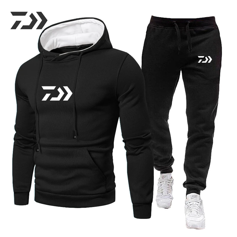 

Men Autumn Winter Daiwa Fishing Suits Tracksuit Hooded Sweatshirt Drawstring Sportswear Male Suit Pullover Two Piece Casual Set