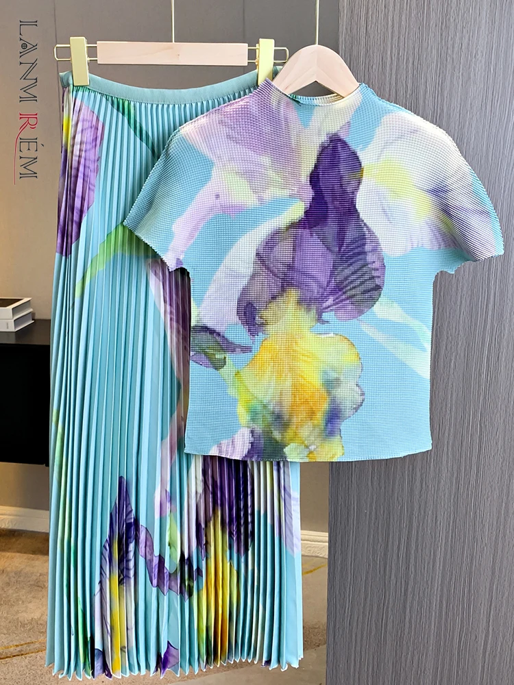 

Женский плиссированный комплект LANMREM из 2 предметов с принтом, с круглым вырезом и короткими рукавами, тонкие топы с высокой талией, плиссированные юбки, 2023, 2YA3327