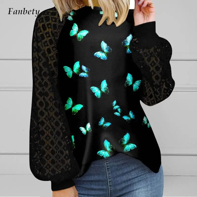 

Elegant Temperament Women Lantern Sleeve Shirts Blouse Spring Fashion Butterfly Printing Tops Female Casual Commute Loose Blusas