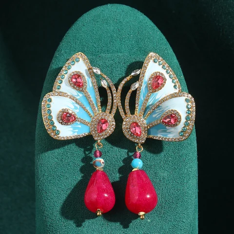 Винтажные серьги-бабочки с розовым агатом для женщин, золотой цвет, капли воды, стразы, роскошные дизайнерские ювелирные изделия, новинка на День Благодарения