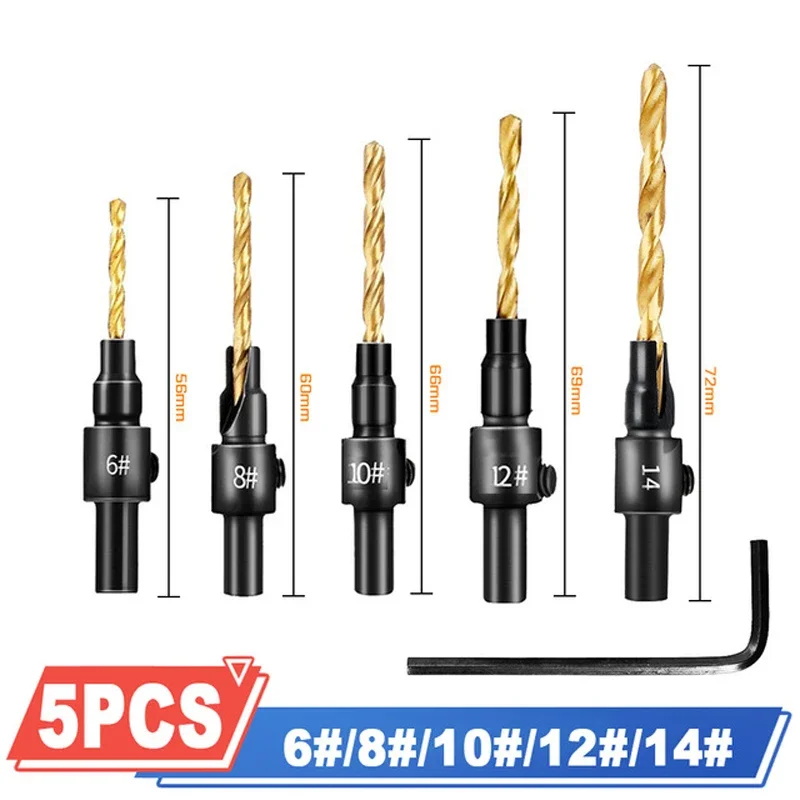 

5PCS Woodworking Drill Bit HSS Drilling Hole Punch Screw Cap Countersunk Drill Bit Reaming Drill Cone Hole Drill 5/6/8/10/12/14#