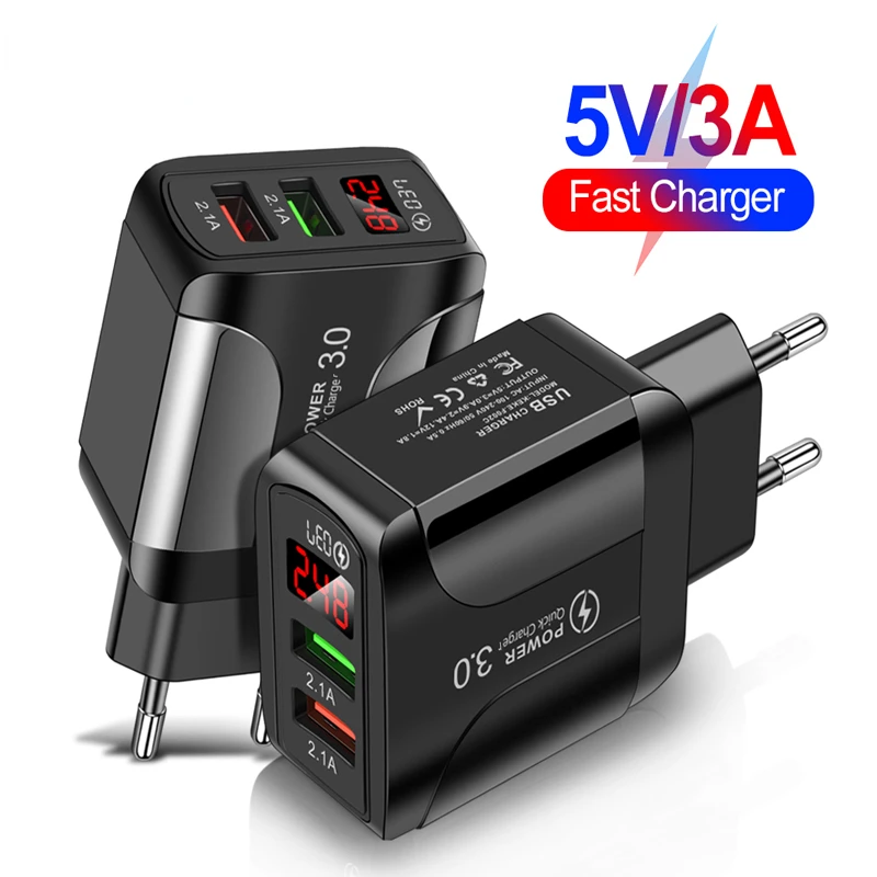 

Quick Charger 3.0 USB Charger for IPhone 12 13 Xiaomi Poco X3 LED Digital Display Fast Charging 2 Ports USB Wall Phone Charger