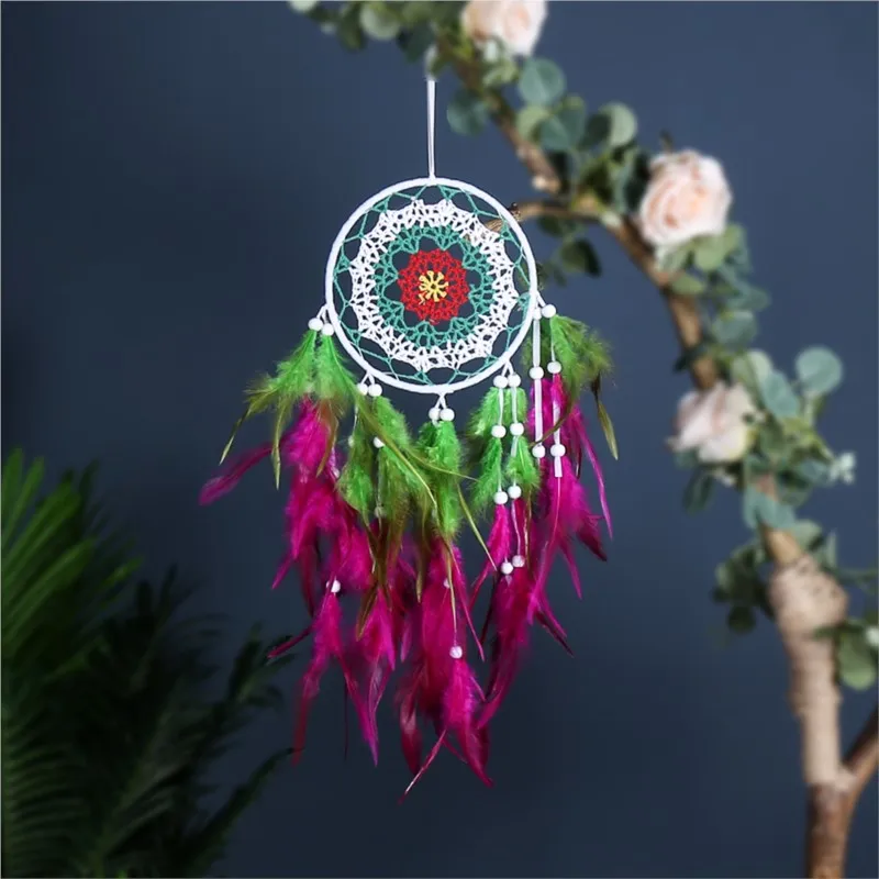 

colorful Feather Dream Catcher Indian Style Wall Hanging Wind Chimes For Car Ornaments home Decor with Rattan Bead Dreamcatchers