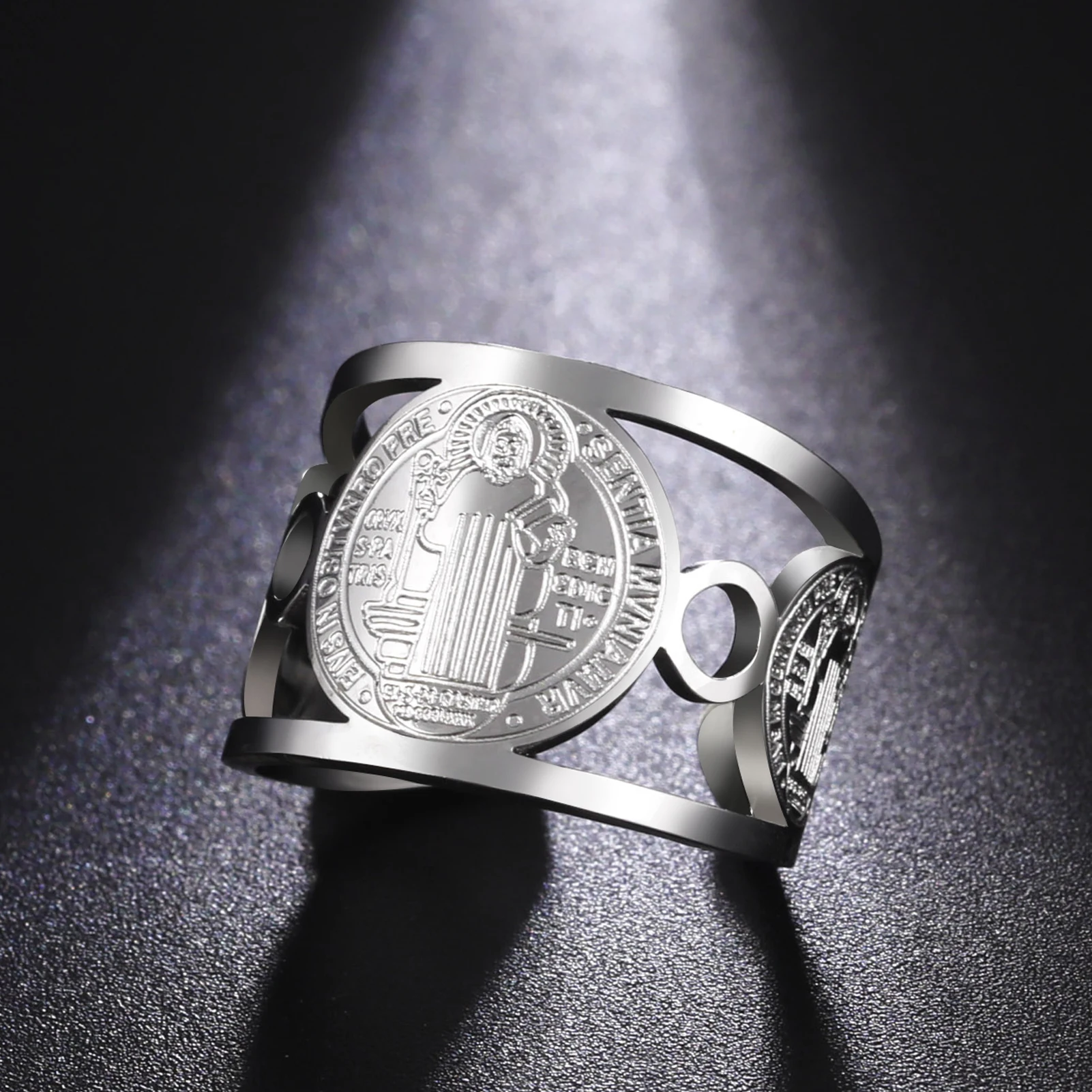 Stainless Steel Religious Adjustable Ring for Men Catholic Christian Faith Amulet Saint Benedict of Nursia Finger Rings Jewelry