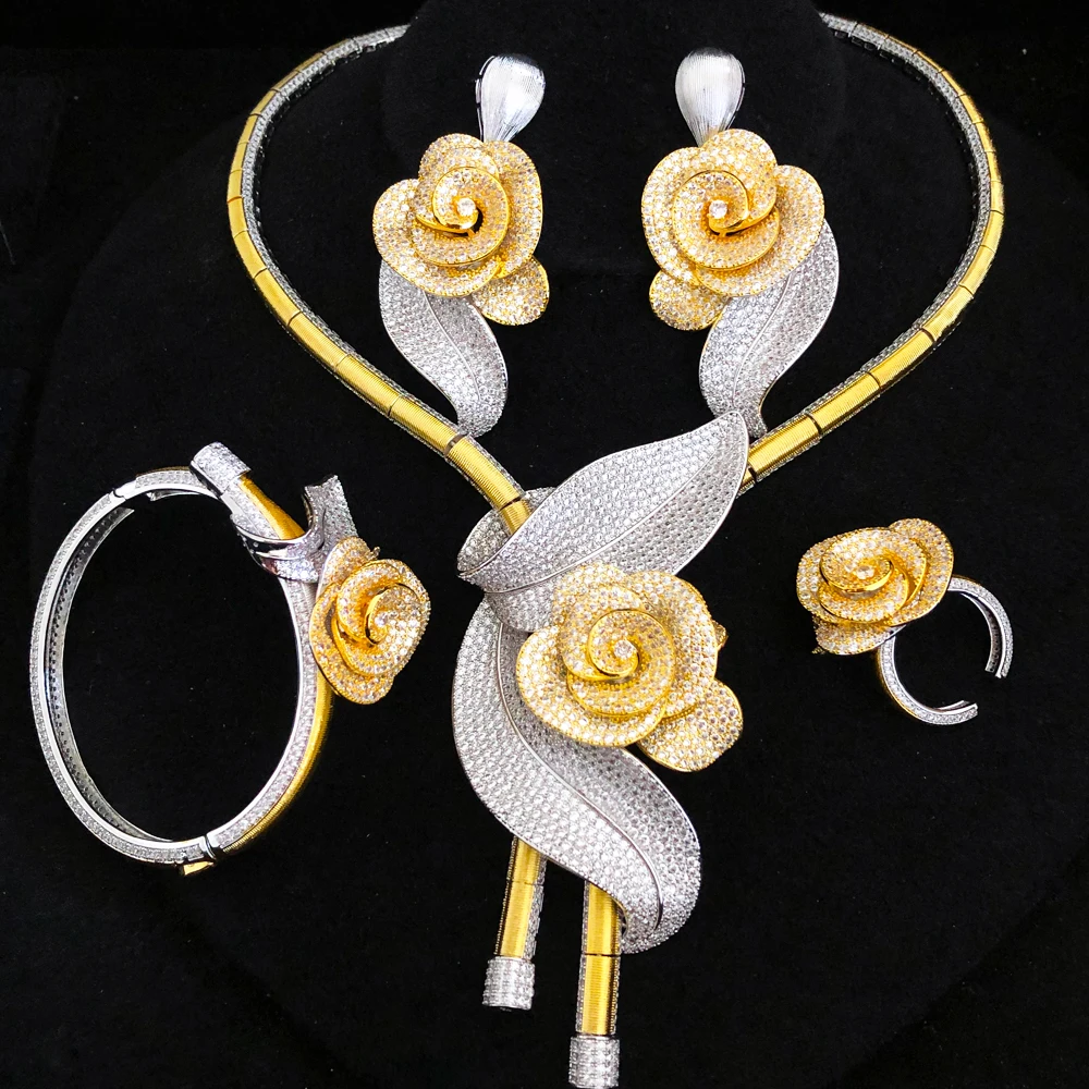 GODKI Nowa moda Afrykańskie duże kwiaty róży Dubaj Zestaw biżuterii ślubnej dla kobiet Ślub Impreza Nigeryjski naszyjnik Choker kolczyków