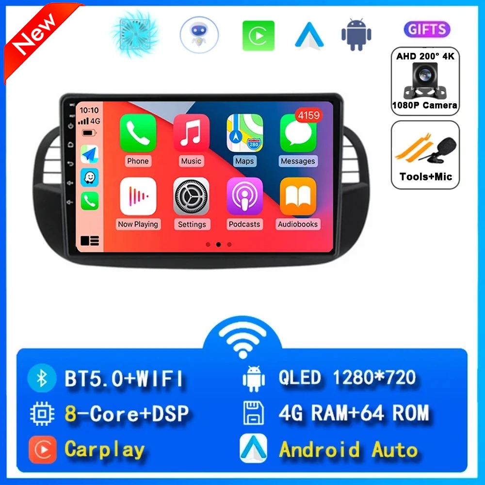

9 "для FIAT 500 2007-2015 2K QLED Android 15 Автомобильный радиоприемник Мультимедийный видеоплеер GPS AI Voice CarPlay 4G Навигация стерео DSP