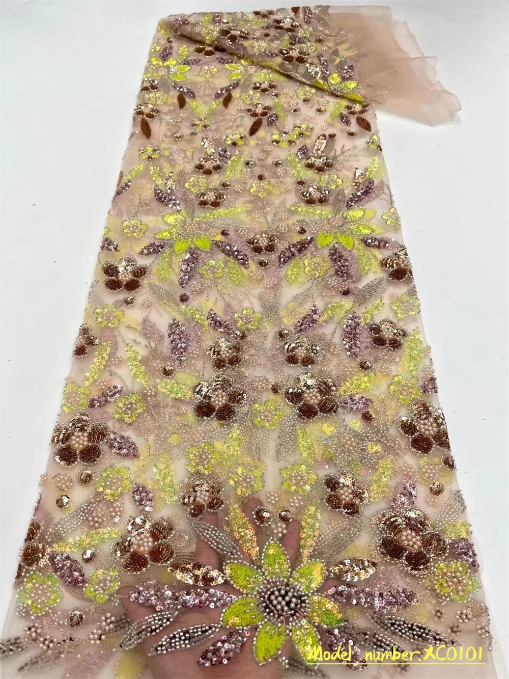 

Handmade Beaded French Lace Fabric 2023 Yellow Lace Pearl Sequin Embroidery on Tulle Fabric for Women Sew Wedding Dress XC0101