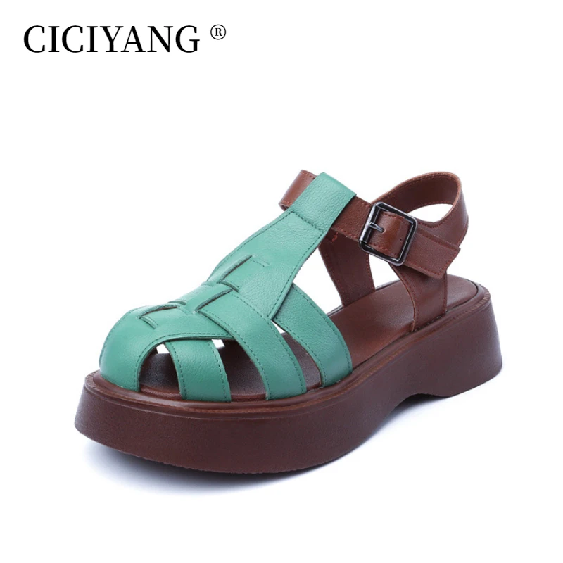 CICIYANG Sandals Women Summer 2023 New Genuine Leather Baotou Roman Sandals Ladies Retro Hollow Woven Women Gladiator Sandals 43