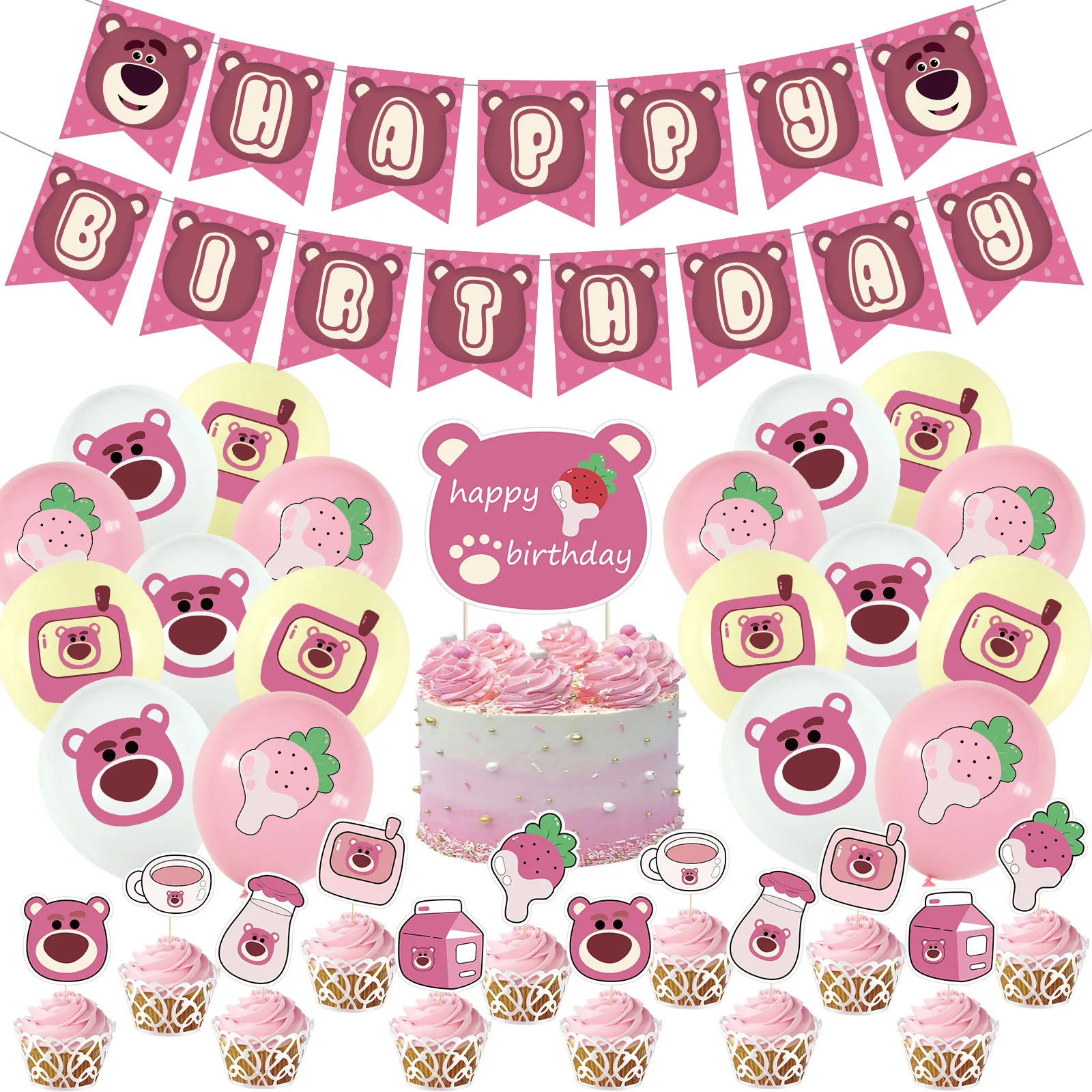 

Cute Pink Theme Baby Bear Happy Birthday Paper Banner Garland Party Decorations Adult Kids First Girl Confetti Balloon Supplies