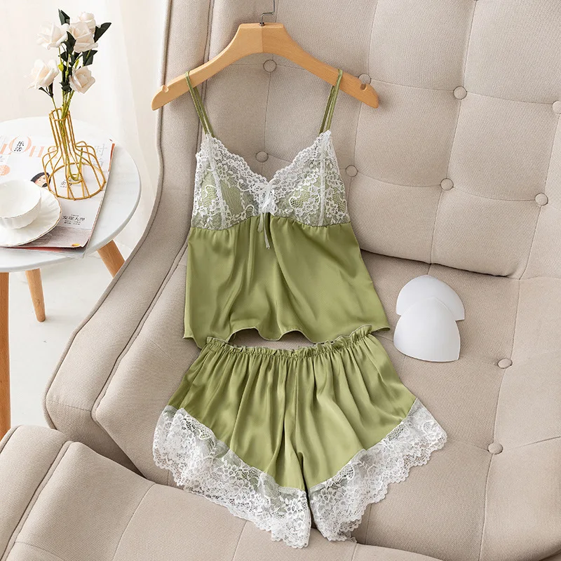 

Sexy Lace Solid Pajamas Set Lady Satin V-Neck Cami&Shorts Sleep Suit Casual Backless Deep Sleepwear Homewear Summer Lingerie