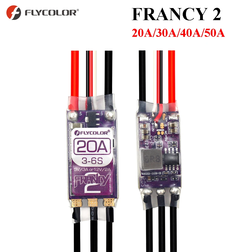 

FLYCOLOR FRANCY 2 20A/30A/40A/50A ESC 3-6S Double BEC 5V/3A 12V/2A Adjustable for RC Airplane Aircraft Fixed-wing Crawler Car