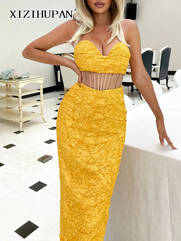 

XIZIHUPAN Sexy Patchwork Cut Out Dress For Women Strapless Sleeveless High Waist Solid Midi Dresses Female Summer Clothing 2022
