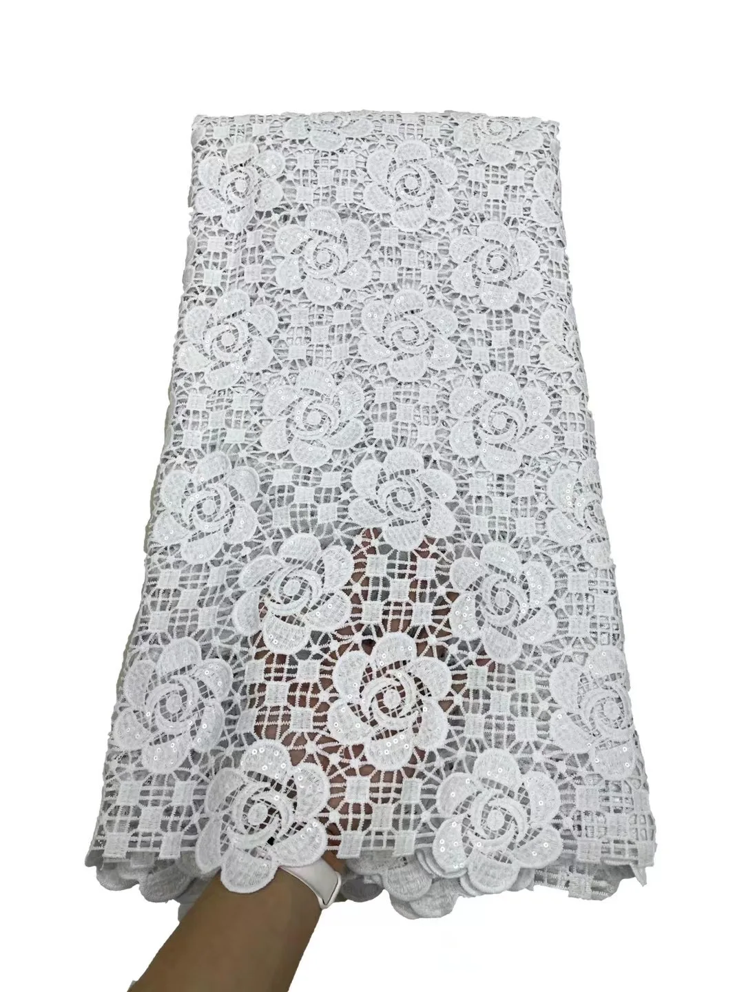 

Hot Sale African Guipure Cord Lace Fabric Pure White Nigerian Water Soluble Cord Lace With Sequins Cotton Mesh For Wedding Party