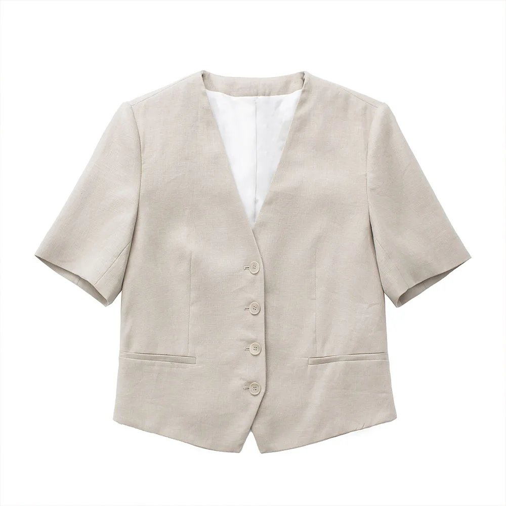 

ZATRHMBM 2022 women's spring and summer new retro short linen V-neck single-breasted short-sleeved fashion woman blouses 2022