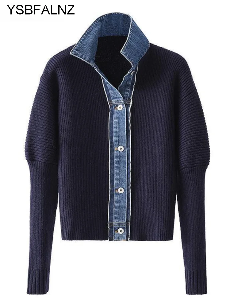 

Cardigan Sweater Women 2022 Autumn Winter Knitwear Korean Denim Patchwork Knitted Coat Turn-down Collar Jackets