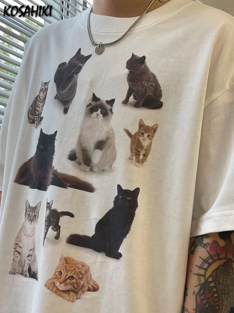 

Y2k Aesthetics Tops Japanese Harajuku T-shirt 2000s Kawaii Cat Print Animal Tee Shirts Fairycore Graphic Tshirt Grunge