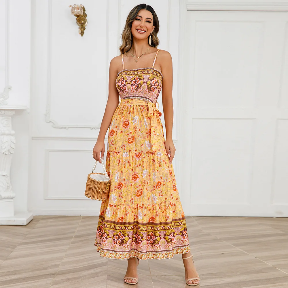 

Latter Rain Boho Ploral Sling Beach Dress 2023 Large Size Summer Dress Women Indie Folk Casual Print Slim Vestidos Long Dresses