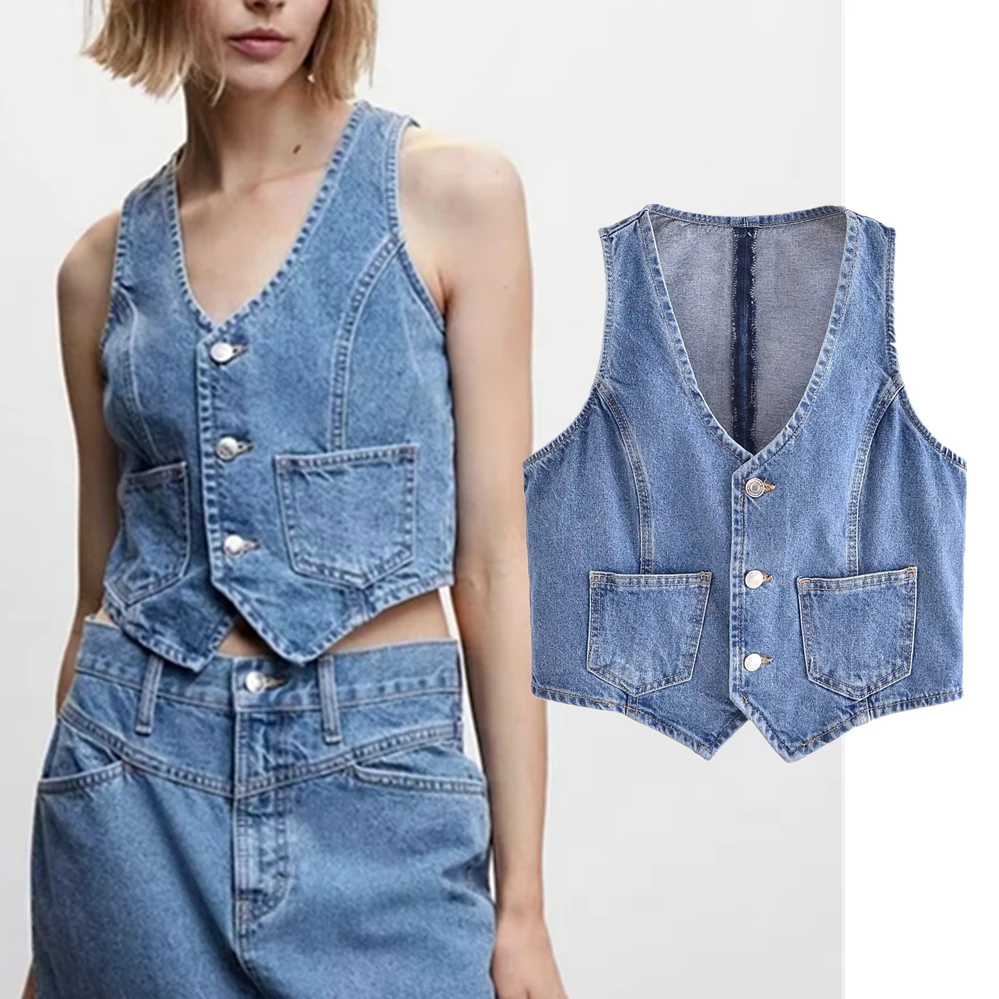

Dave&Di Vintage Fashion Ladies High Street Pocket Blue Denim Vest Women Casual Top