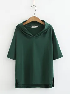 Футболка женская с капюшоном, тонкий топ с коротким рукавом, Повседневная модная Свободная рубашка, большие размеры, на лето