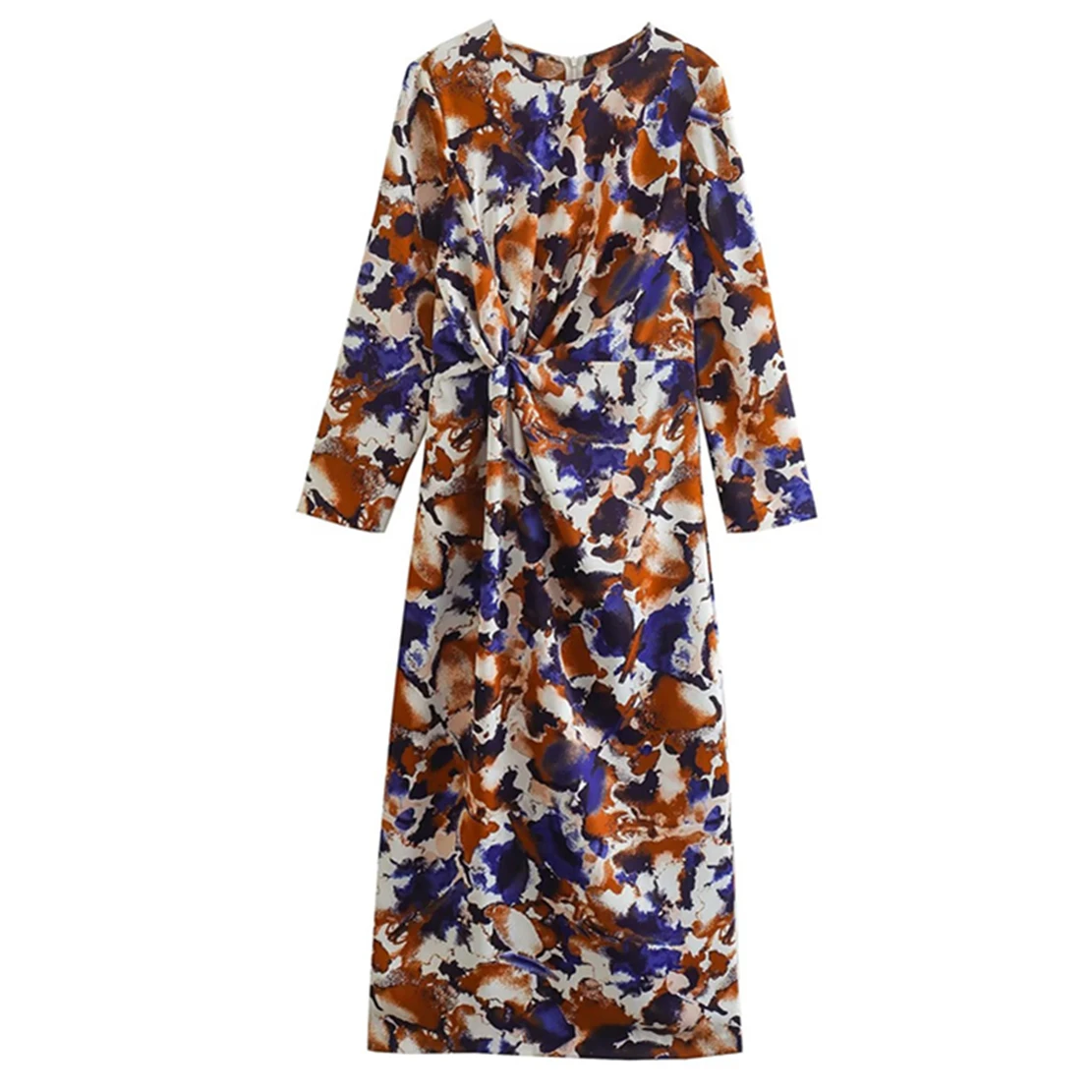 

Withered Floral Bow Pleated Fashion Dress Printing O-neck Midi Dress Women