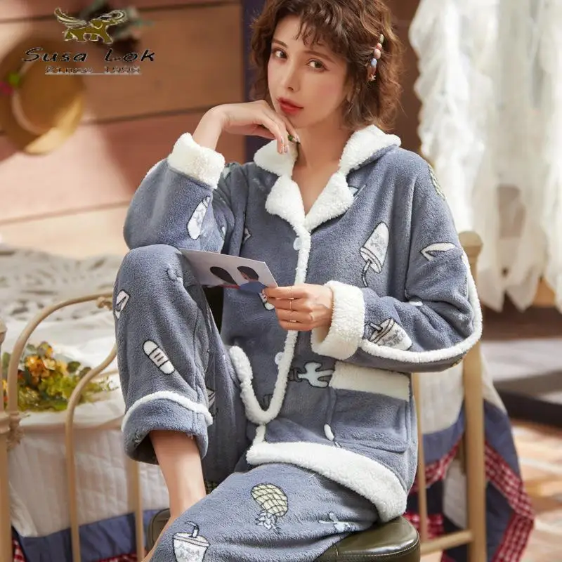 

Women's Pajamas Sets Winter Warm Coral Velvet Plus Sleepwear Thick 2pcs Long-Sleeved Pajama For Women Home Clothes Suit Pijama